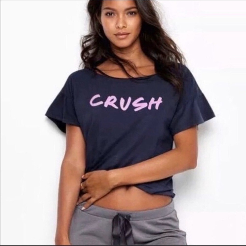 Victoria’s Secret CRUSH Navy Tee women’s size Medium Relaxed fit Glitter Graphic